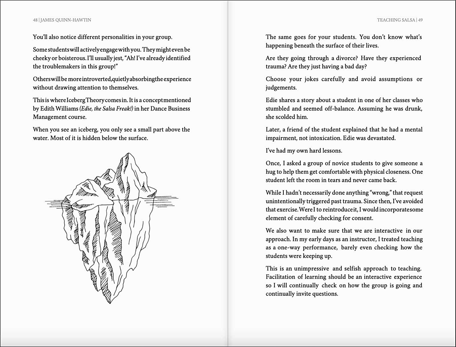 An open spread of Teaching Salsa showing the Iceberg Theory illustration