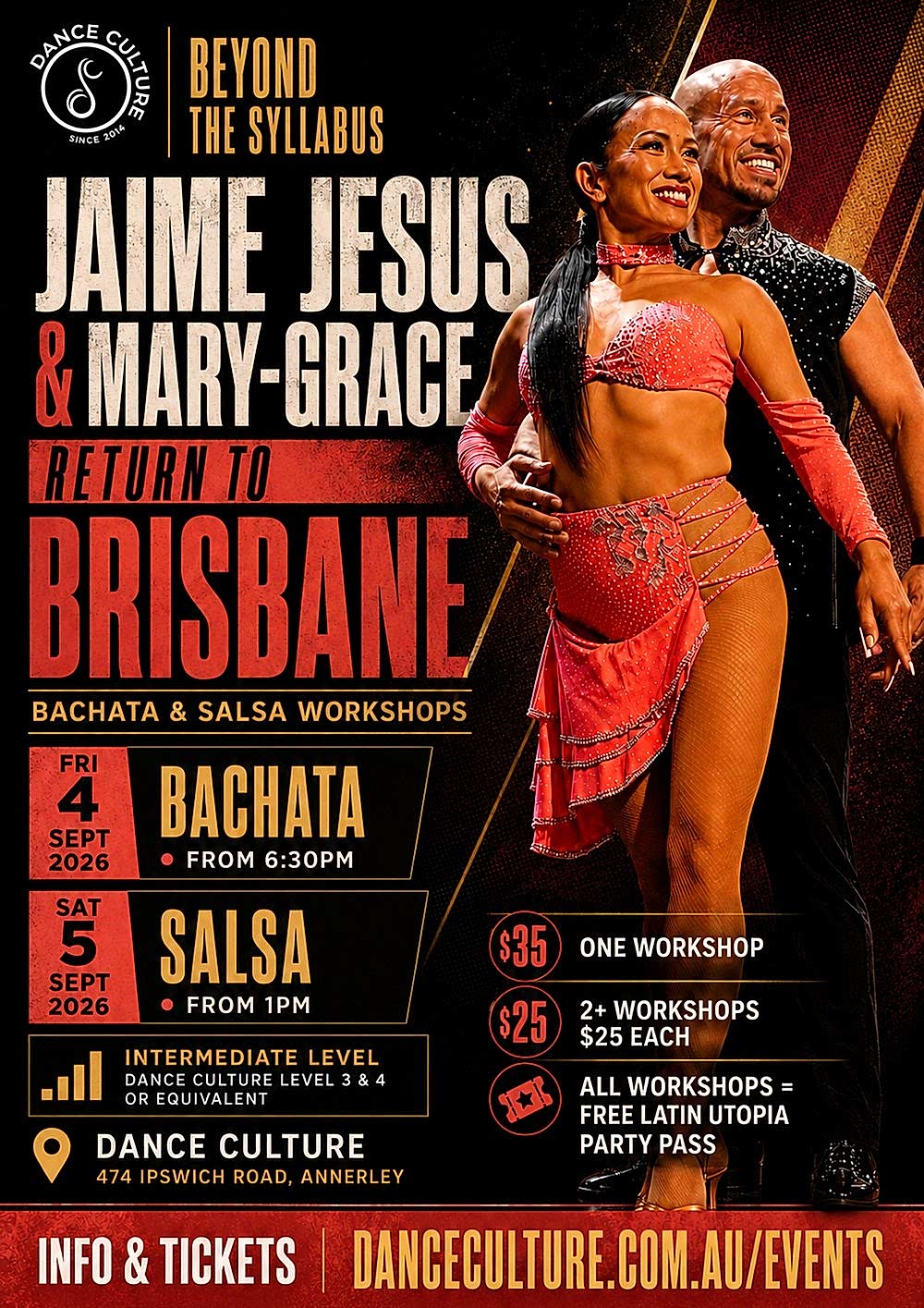 Beyond the Syllabus: Jaime Jesus and Mary-Grace return to Brisbane. Bachata workshops Friday 4 September from 6:30pm, Salsa (on-1) workshops Saturday 5 September from 1pm, at Dance Culture Annerley.